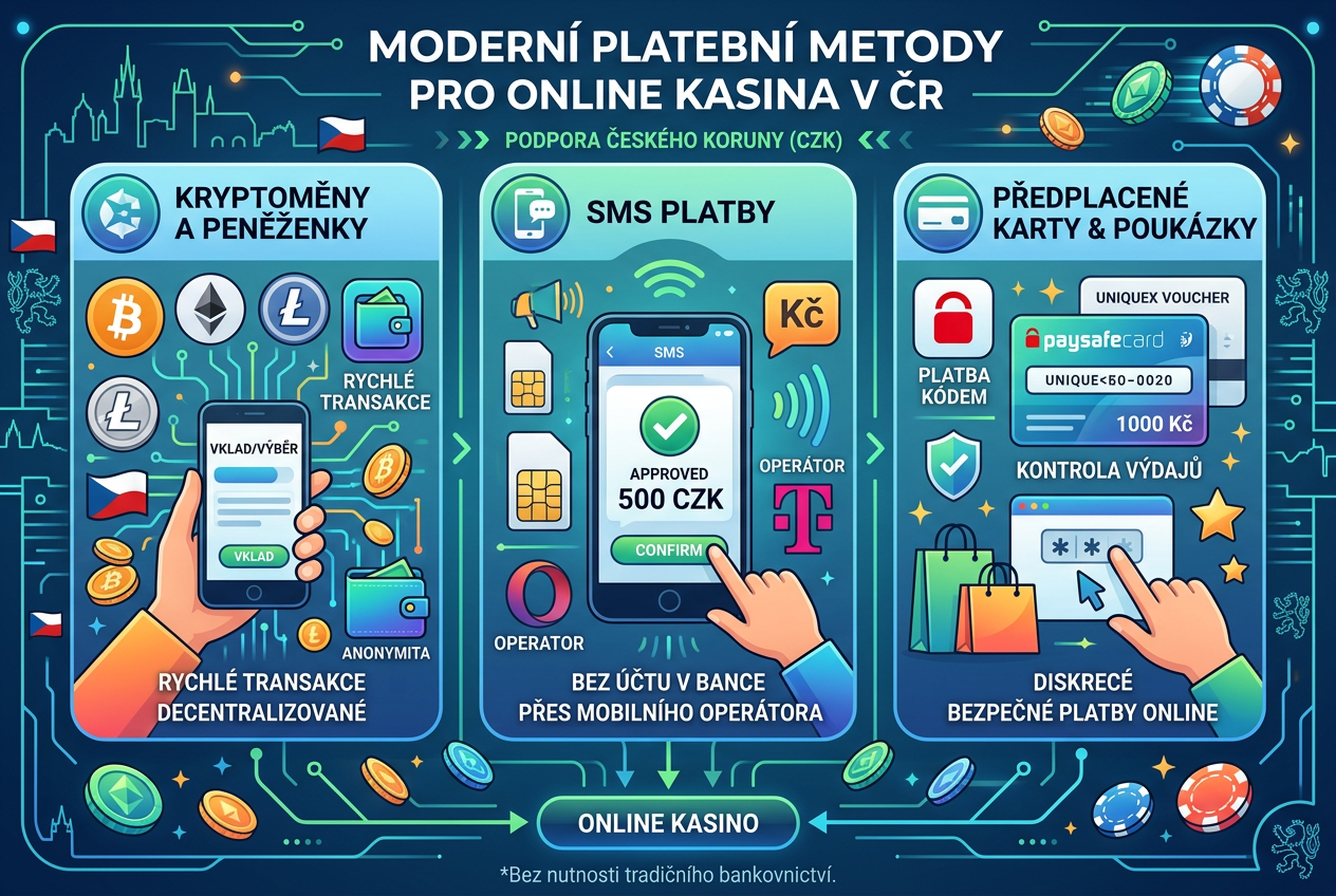 Infografika platebních metod pro online casina bez bankovního účtu zahrnující krypto, SMS a kupóny