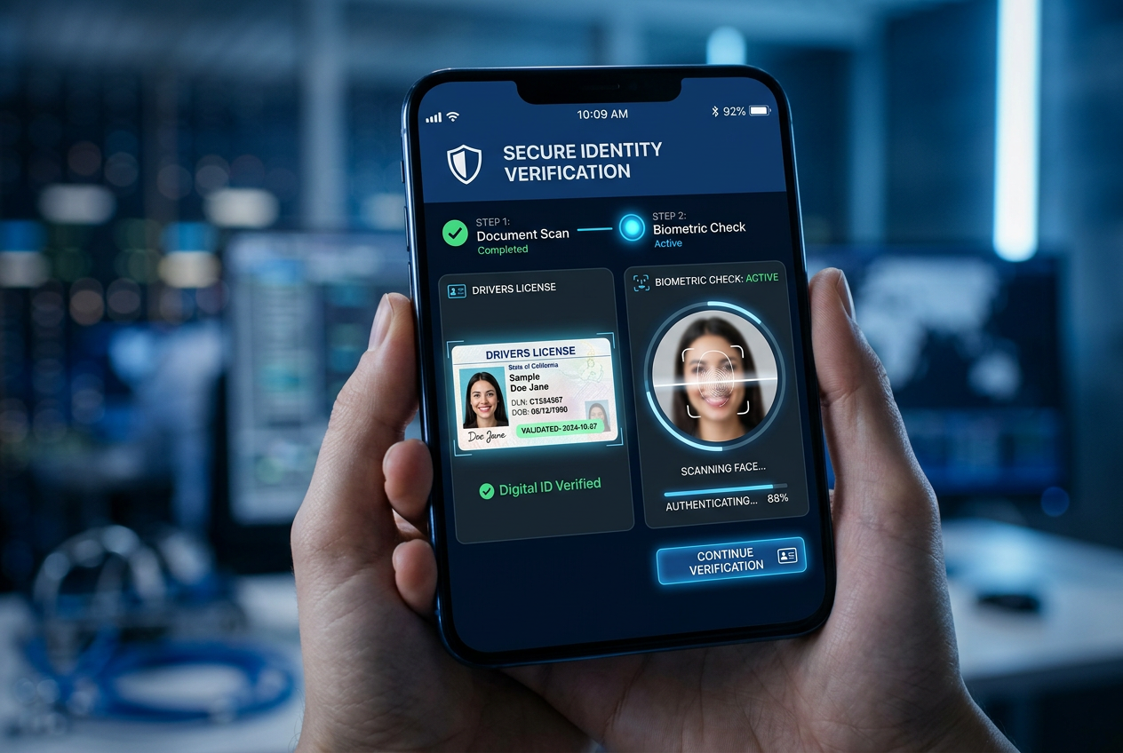 Obrázek znázorňující proces ověřování identity digitální cestou na mobilním zařízení