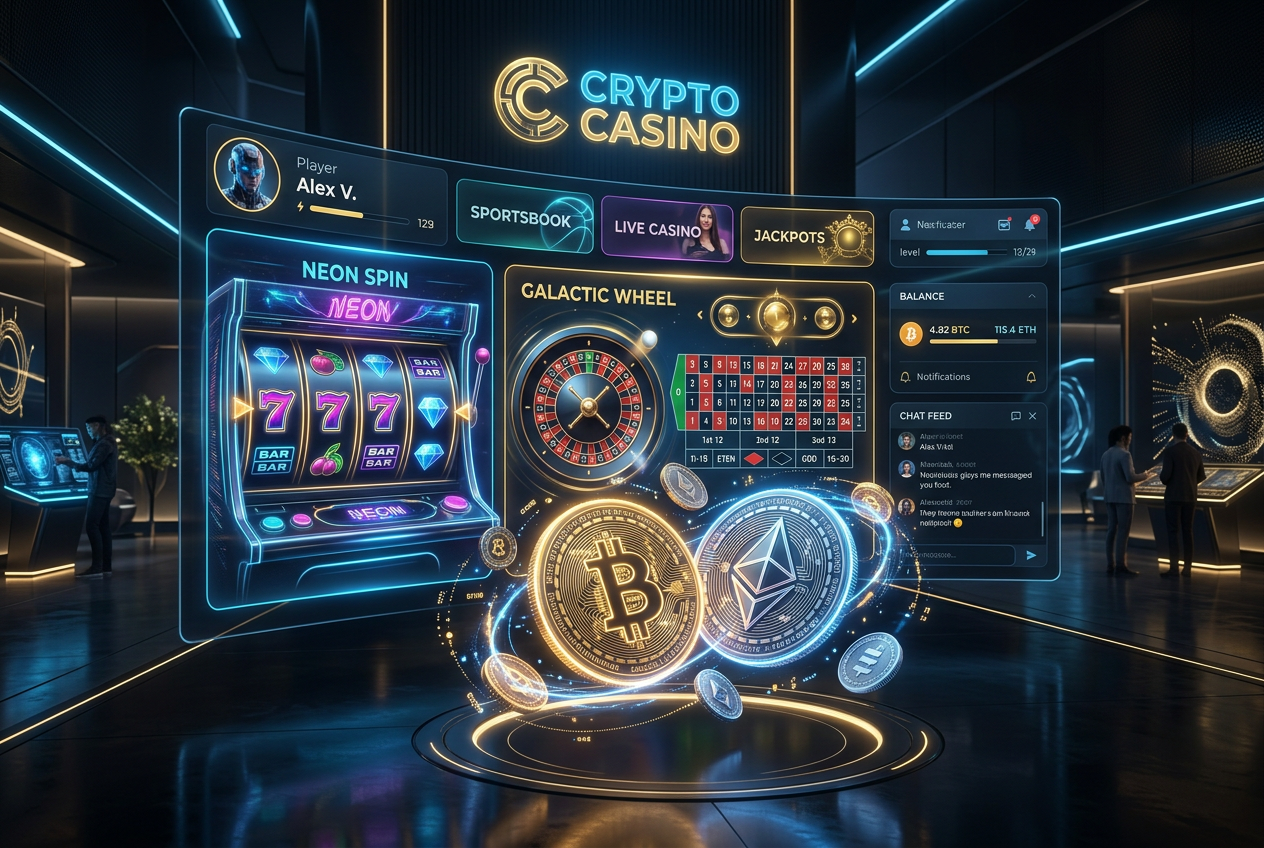 Moderní rozhraní krypto kasina s vizualizací digitálních aktiv a herních prvků