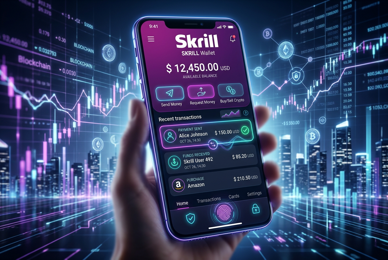 Moderní rozhraní digitální peněženky Skrill pro kasinové platby